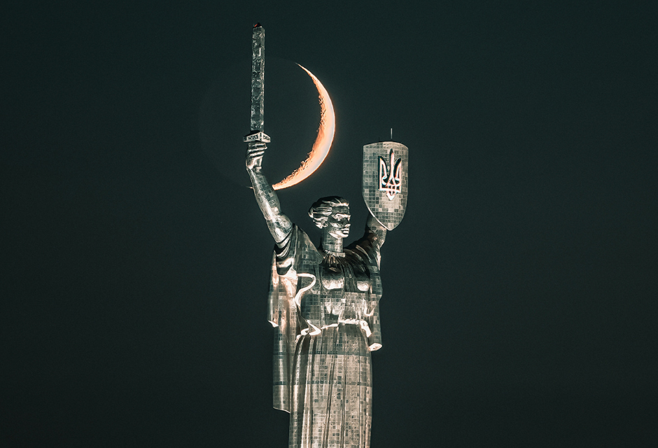 Mother Ukraine monument in Kyiv. In 2023, the Soviet heraldry was removed from the monuments shield and replaced with Ukraines coat of arms, the tryzub.