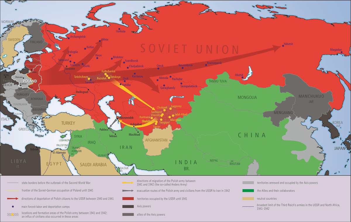 Soviet deportations of Polish citizens 1940–1941 and the Anders Army evacuation to Iran in 1942. Original Source: The Polish History Museum in Warsaw.